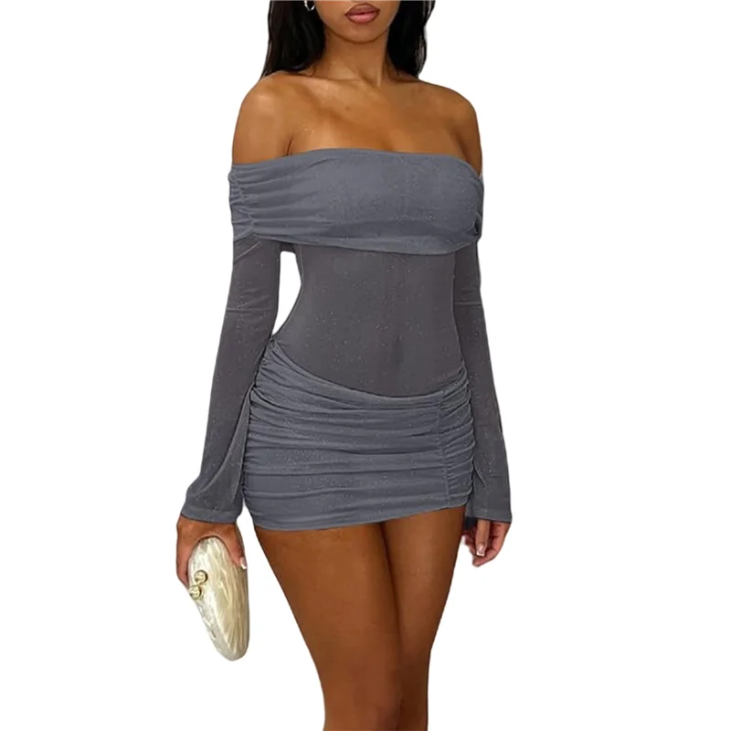 FX-Abito da donna aderente con spalle scoperte in rete trasparente con volant lucido svasato maniche lunghe Y2K Club Night Out