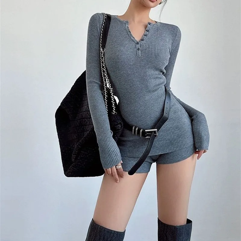 

Europe American Style Spicy Girl Single Breasted Long Sleeved Top Shorts Set Slim Fit Solid Color Sports Shorts Trendy T-shirts