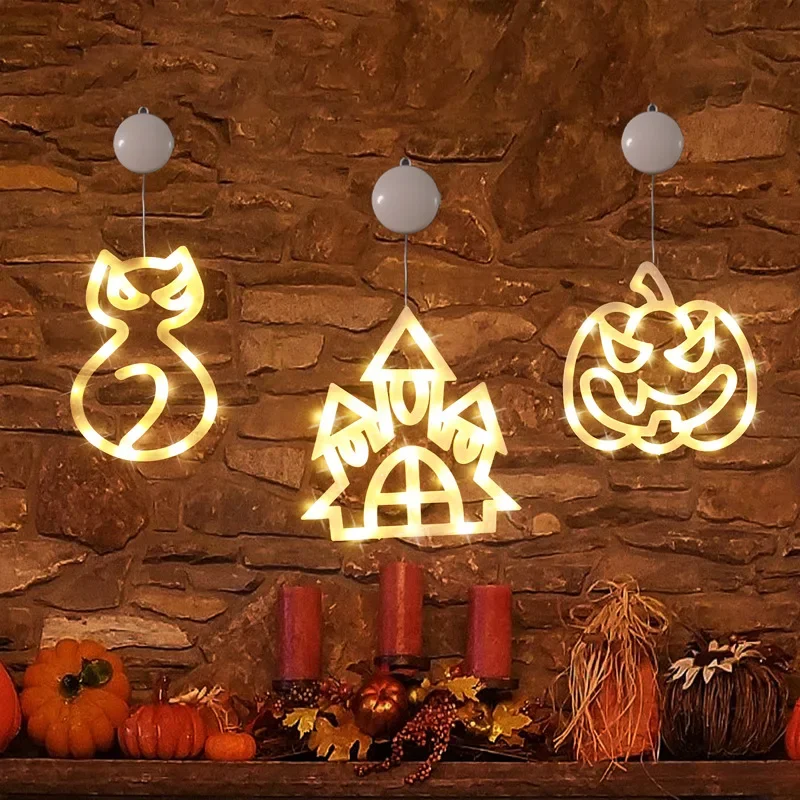 12Pcs/Lots Popular Halloween Pumpkin Sucker Hanging Light Ghost LED Decoration Neon Ghost Scene Arrangement