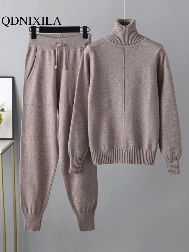 Imagem -05 - Conjunto Feminino de Malha Monocromática de Duas Peças Suéter e Calça de Gola Alta Moda Casual Roupas de Outono e Inverno Novas