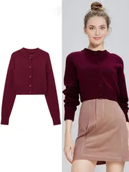 HH Women New Fashion Cropped Cardigan Sweater Long Sleeve O Neck Knit Coat Female Elegant Solid Office Lady Chic Top