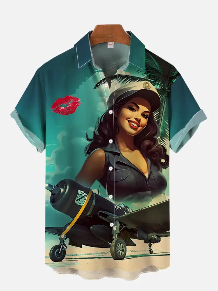 1980s Vintage Pin Up Girl Poster Sexy Girls Blonde Beauty 3D Prints Men\'s Short Sleeved Shirts For Men Fashion Hawaiian Shirts