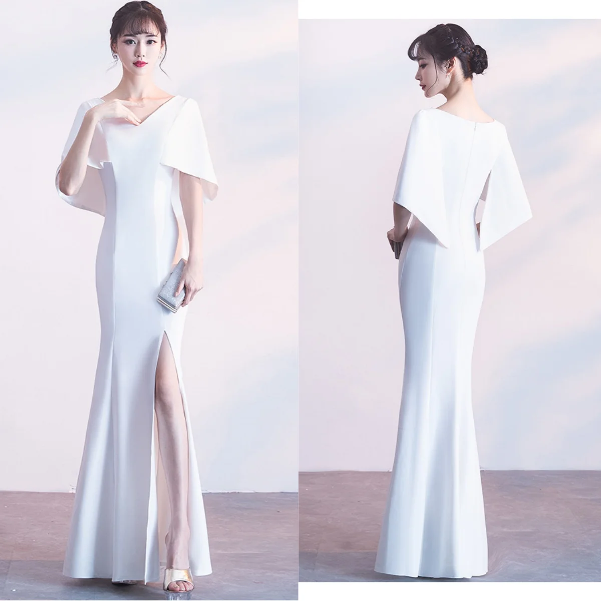 

Evening Dress White Stretchy V-neck Shawl Half Sleeves Zipper Mermaid Trumpet Floor Length Simple Women Party Formal Gown YE249