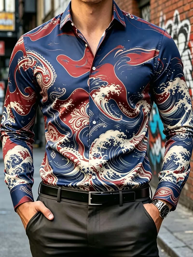 New Men's Golden Dragon Xiangyun Sea Water River Cliff 3D Printed Long Sleeve Shirt Smooth Satin Collar Top Clothing