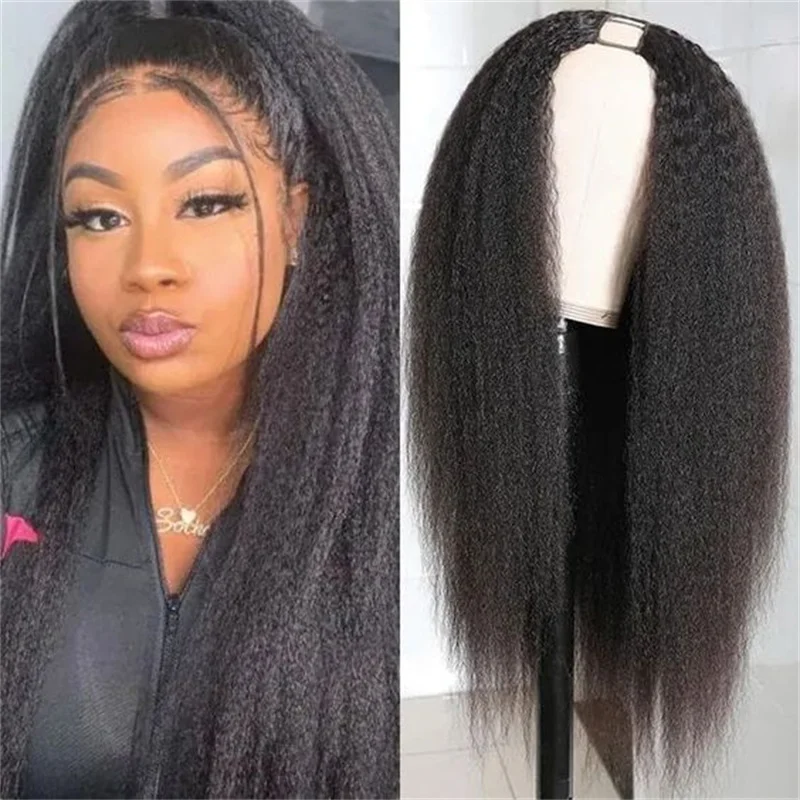 10-28 inch Synthetic Kinky Straight Wigs U Part Wig  Italian Half Wig  U Shape Clip in Wigs  for Black Women  Daily  Party Use