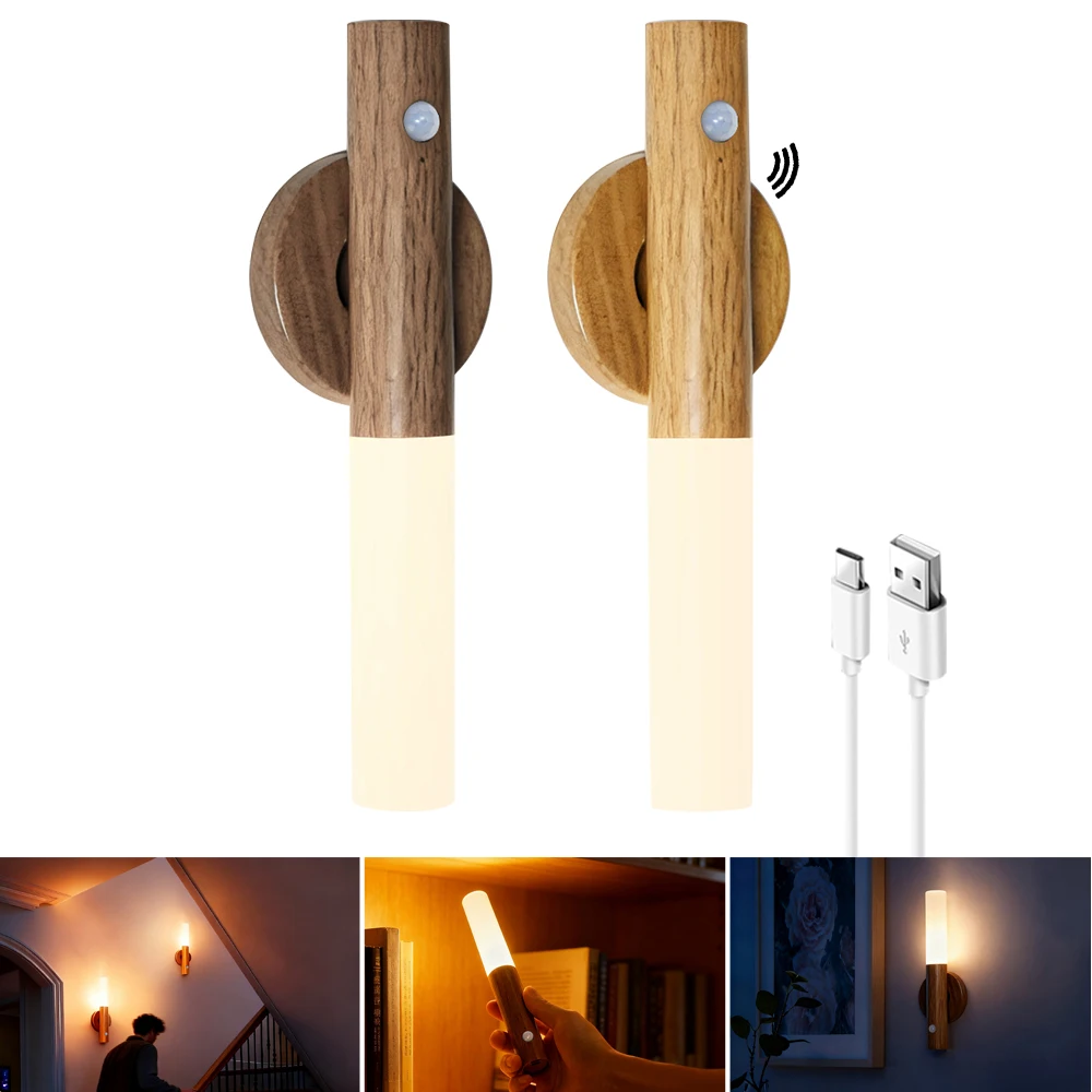 Night Light Motion Sensor Wall Lights Rechargeable Wall Sconces Magnetic Wall Lamp Wooden Night Lighting for Bedroom Stair