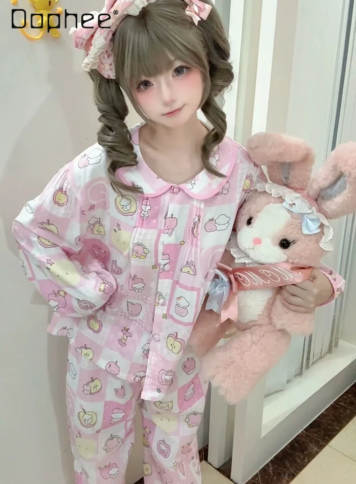 Original Japanese Sweet Cute Girl's Sleepwear Pajamas Sets Doll Collar Long-sleeved Top Pants Two-piece Set Women's Loungewear