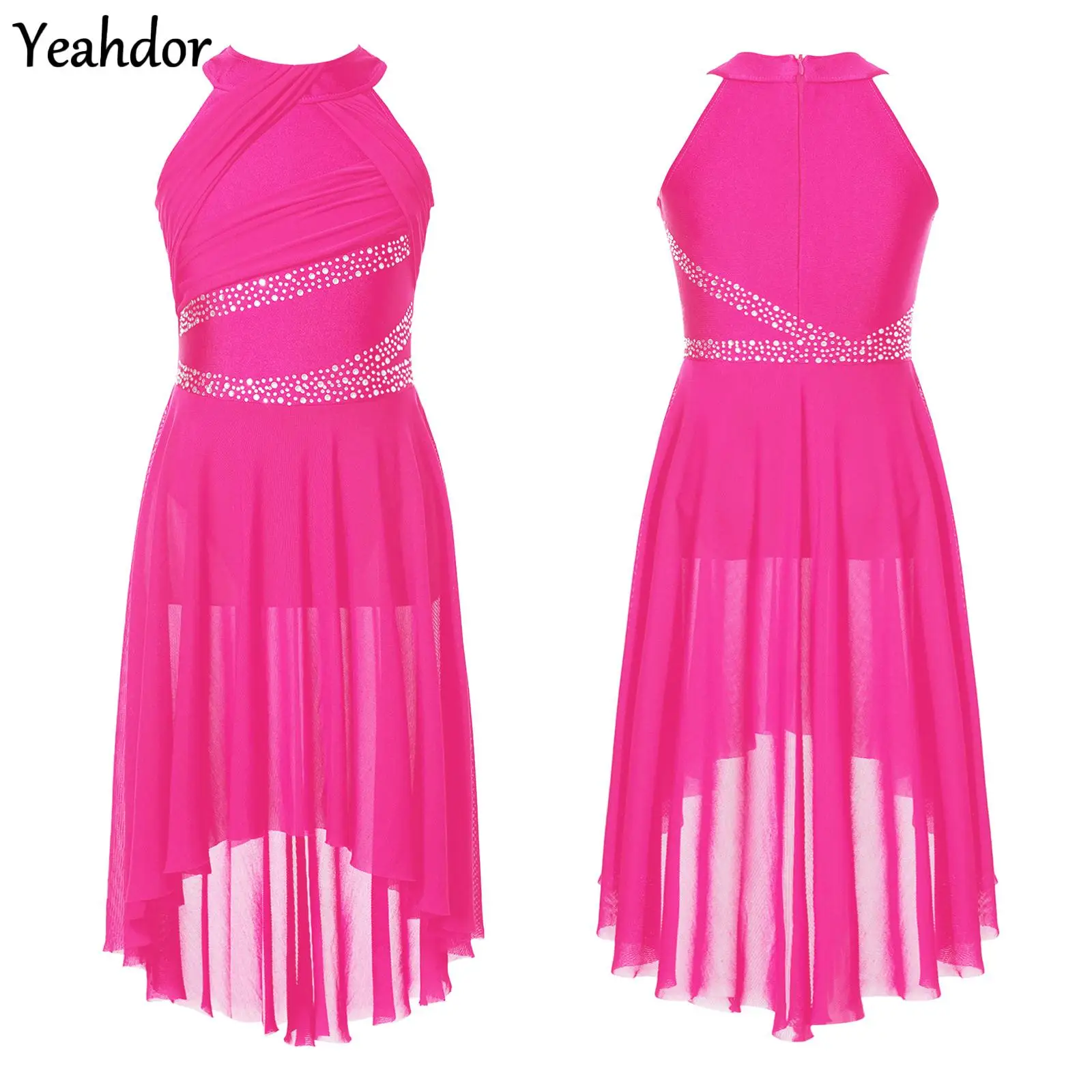 

Girls Figure Skating Modern Lyrical Dance Dress Sleeveless Rhinestone Floral Sheer Mesh Gymnastics Ballet Leotard Dress Costume