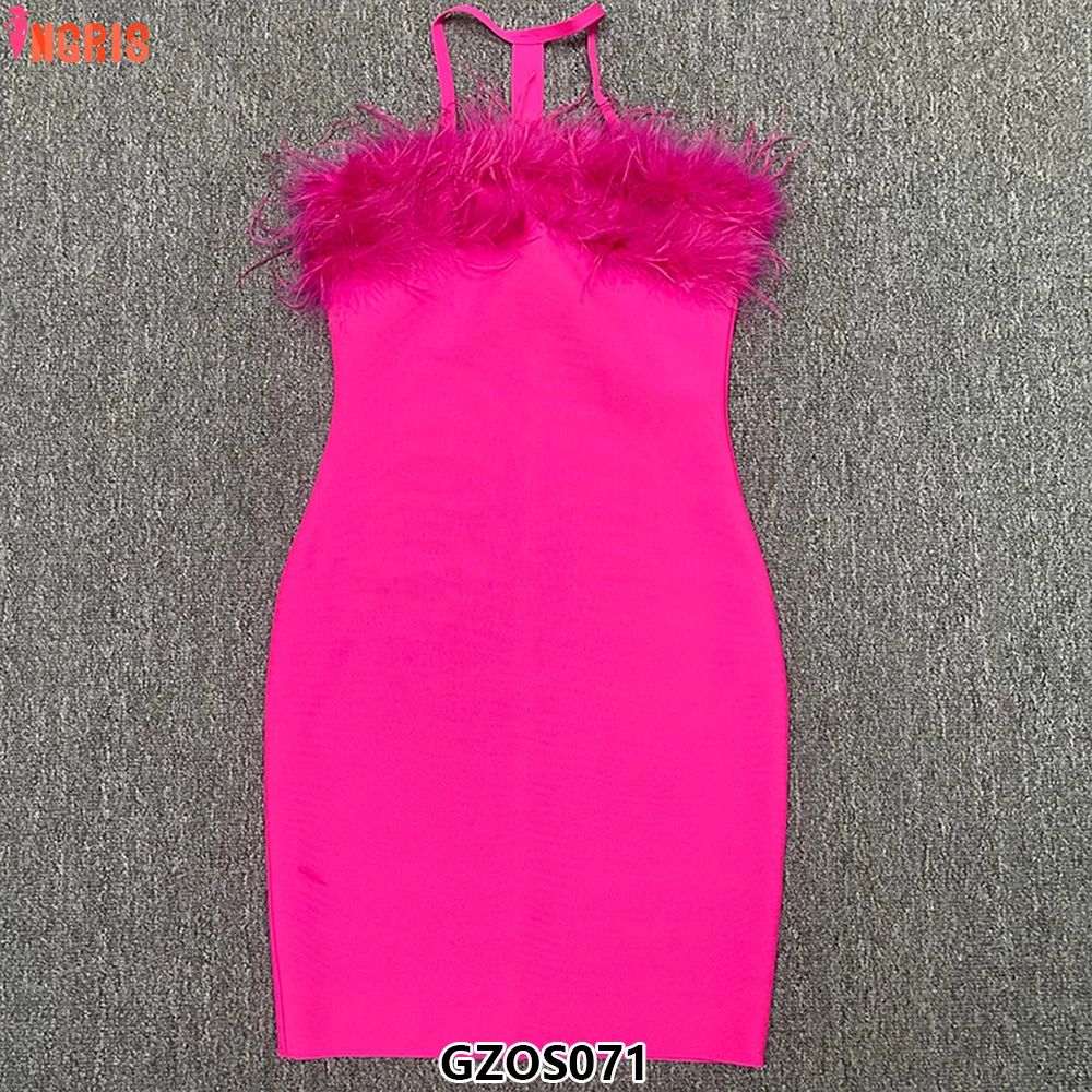 High-end ชุดราตรีชุดราตรีผู้หญิงฤดูร้อนใหม่นกกระจอกเทศสุภาพสตรีผ้าพันคอแฟชั่น Halter Feather Party Dress-GZOS071