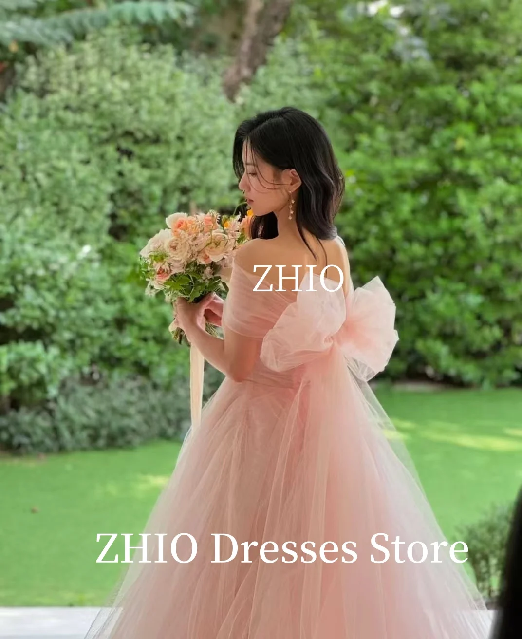ZHIO Pastrol القوس الوردي فستان حفلات الزفاف قبالة الكتف تول طول الأرض كوريا صورة تبادل لاطلاق النار ثوب استقبال الزفاف مخصص #2