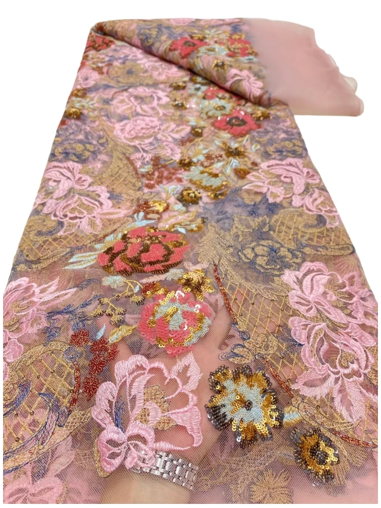 

Nigerian Sequins Tulle Lace Fabric High-Quality Embroidery African Net Cloth for Prom Dresses Beads 5 Yards 2025 DP0473