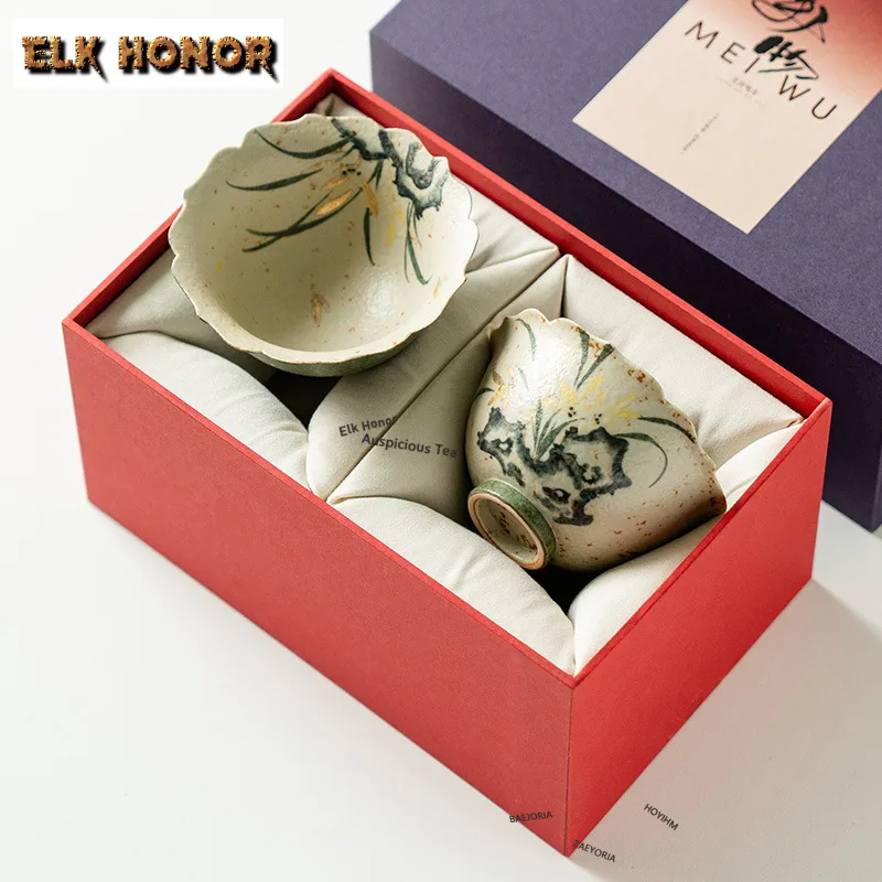 2pc/set Hand-painted Ink Orchid Wave Pattern Teacup Japanese Tea Bowl Tea Pair Tea-tasting Smelling Cup Jianzhan Master Cup Gift