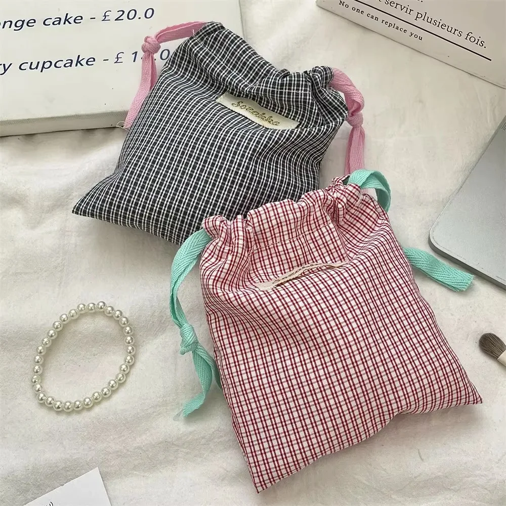 Drawstring Bag Cosmetic Makeup Storage Pouch Plaid Cute Portable Mini Women Lipstick Candy Jewelry Travel Wedding Organizer