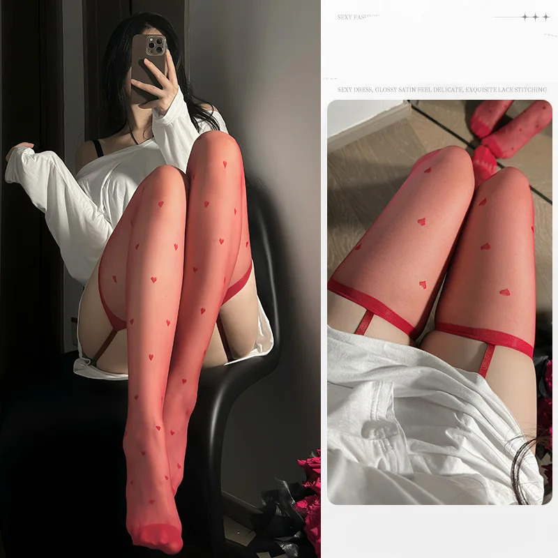 Collants sexy en soie noire à pois pour femmes, chaussettes à bretelles fines, collants en forme de cœur, sous-vêtements sexy pour femmes, Halloween 303