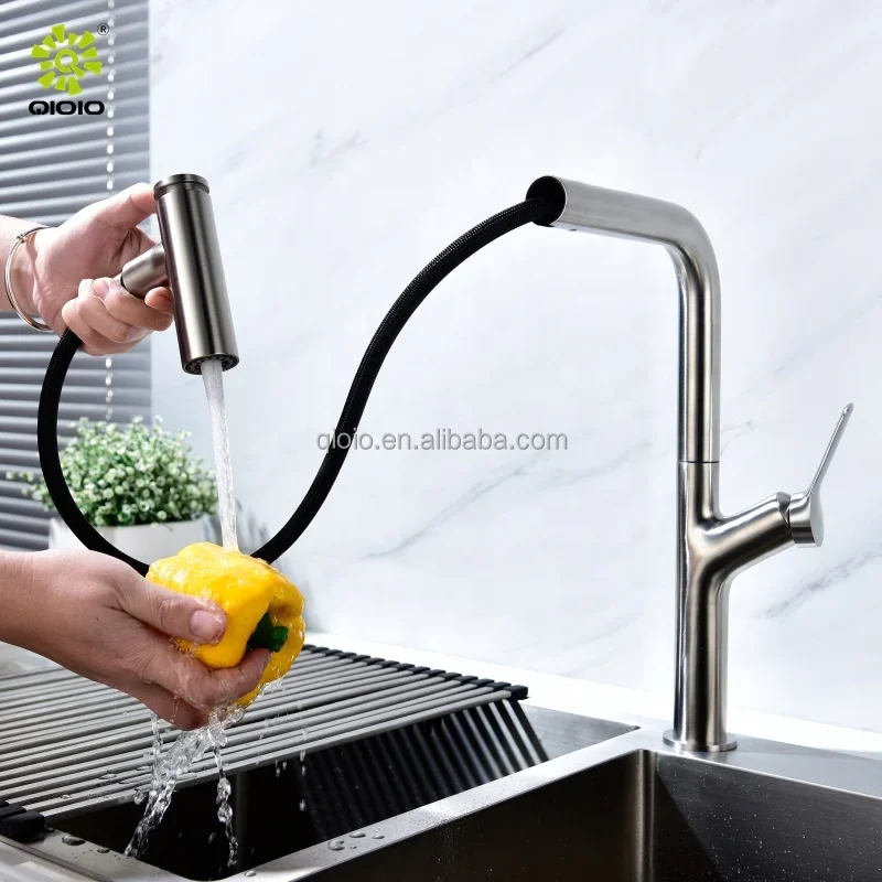 Torneira da pia da cozinha do aço inoxidável 304, Single Handle, Pull Down Mixer Tap, Água quente e fria