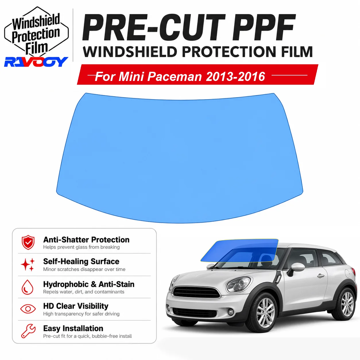 RAVOOY Pre-Cut Front Windshield Protection Film For Mini Paceman 2D HB 2013-2016 6.5mil Clear TPU UV Blocking Hydrophobic Kit