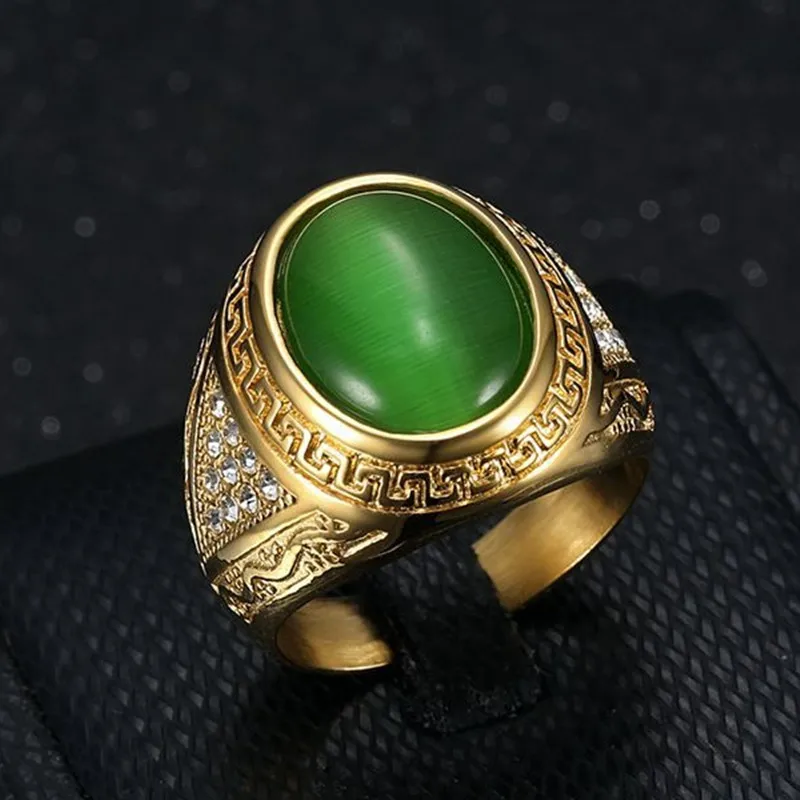 Masculine Green Jade Emerald Black Agate Gemstones Titanium Rings for Men Stainless Steel Big Solid Finger Bands Vintage Jewelry - view 2