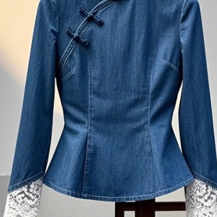 Sli الصينية الجديدة الخفيفة الوطنية Sle Zen فسيفساء جميلة صغيرة الوقوف طوق طويل Sve الخصر جينز داخلي irt