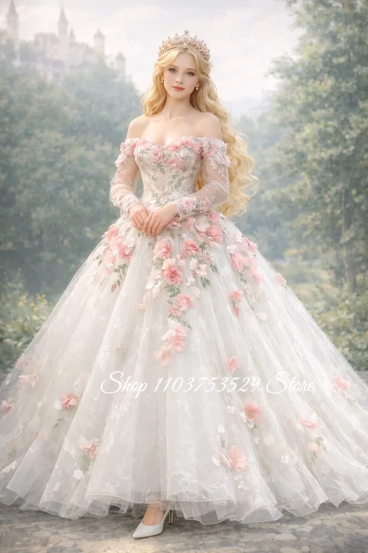 Maßgeschneidertes Schulterfreies Märchenhaftes Hochzeitskleid Romantisches Prinzessinnen-Brautkleid 3D Blumen-Märchenballkleid Cosplay 2026