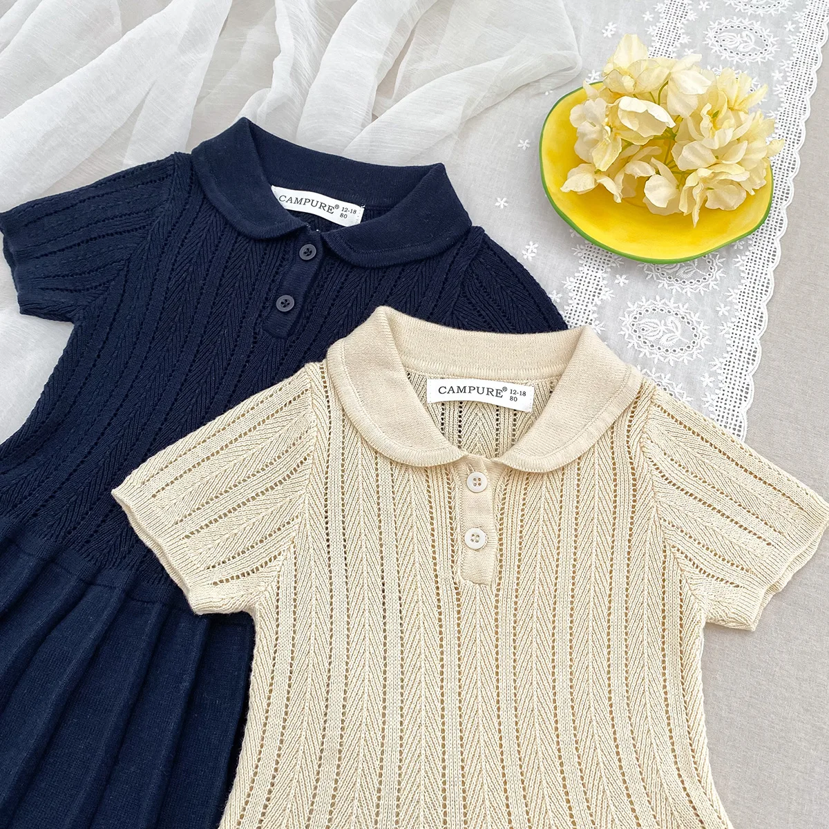 Somenie Spring Summer Baby Girl College Lapel Knitted Short Sleeve Pleated Dress