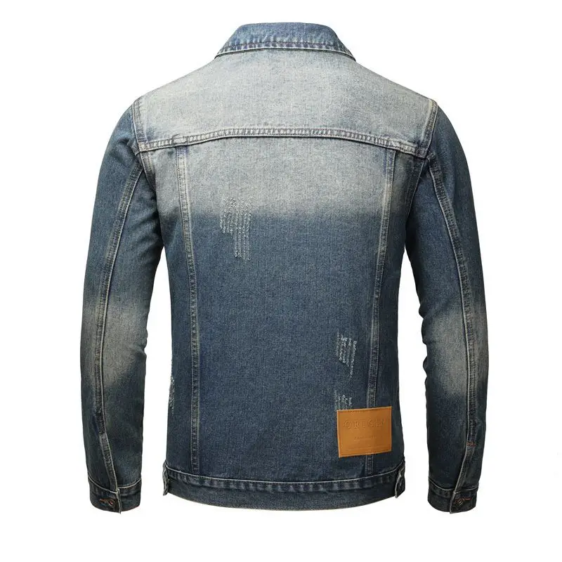 2025 Autumn Winter New Men Blue Denim Jacket Turn Down Collar Multiple Buttons Patchwork Decoration Retro Trendy Upper Outerwear