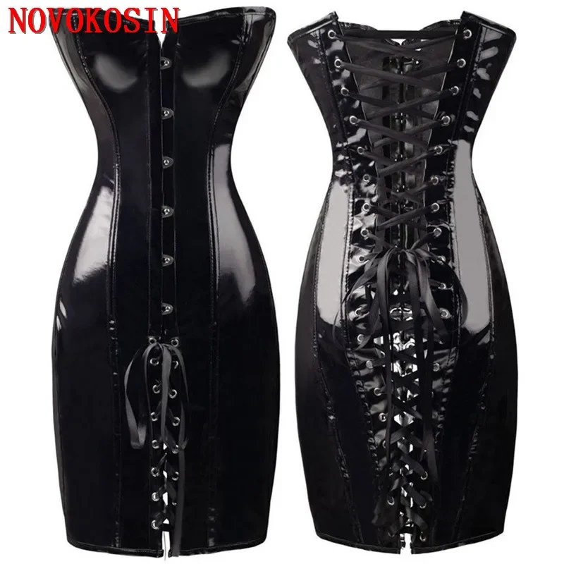 S-6XL Black Red Plus Size Faux Leather Lady Shaper Underwear Back Bandage New Fashion Adjust PVC Long Bustier Dress Sexy Corset