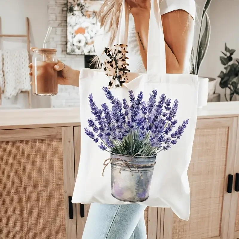 Beige Floral Herb Canvas Tote Bag, Lavender Chamomile Botanical Print, Large Shoulder Bag for Gardening & Beach Lovers