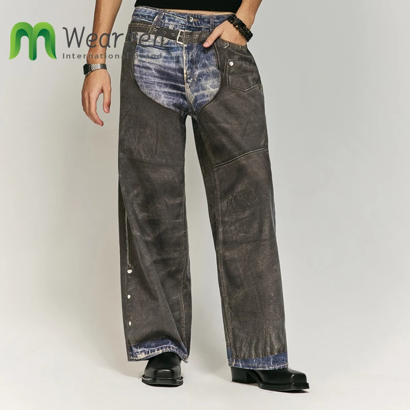 

Men Patchwork Leather Digital Printed Jeans Autumn Winter New Street Classic Trendy Brand Wide Leg Jeans 13434W24