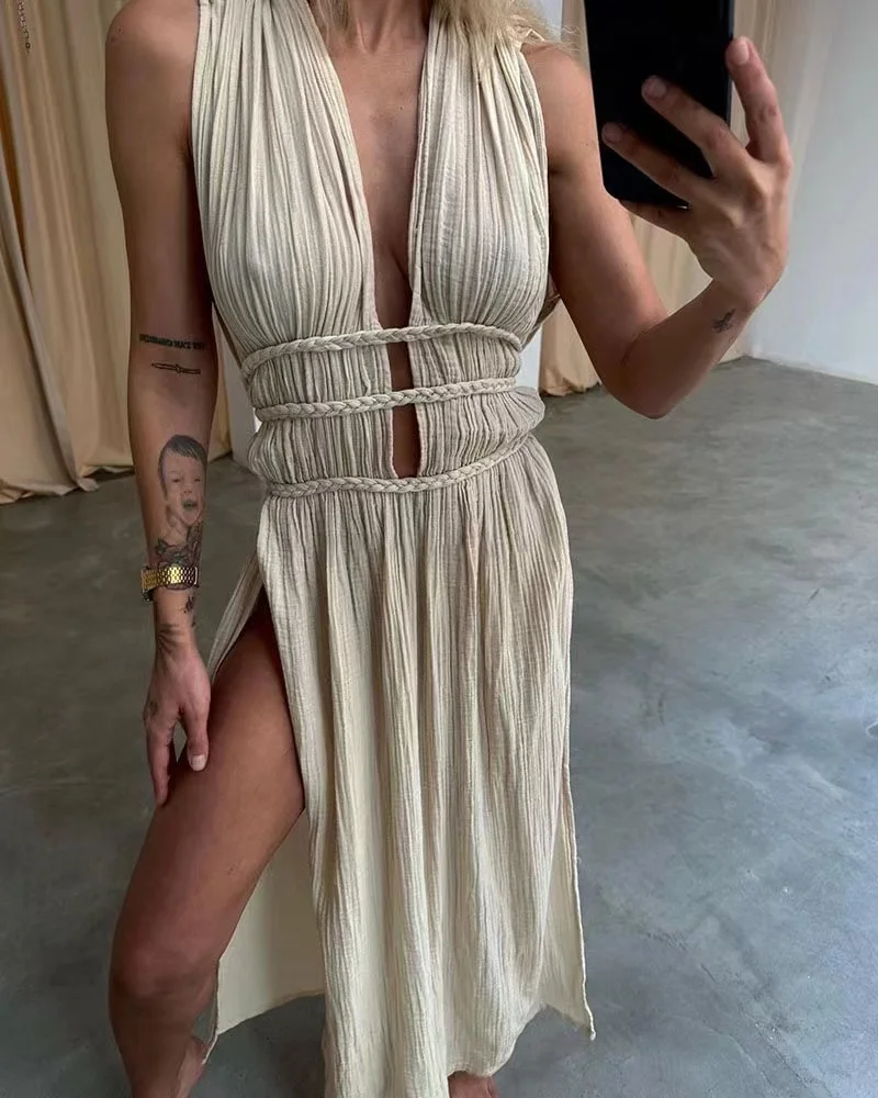 2024 Deep V-Neck Sexy Bohemian Party Dress Women Summer Loungewear Sleeveless Maxi Dress Hollow Out Solid Ladies Dress Vestidos