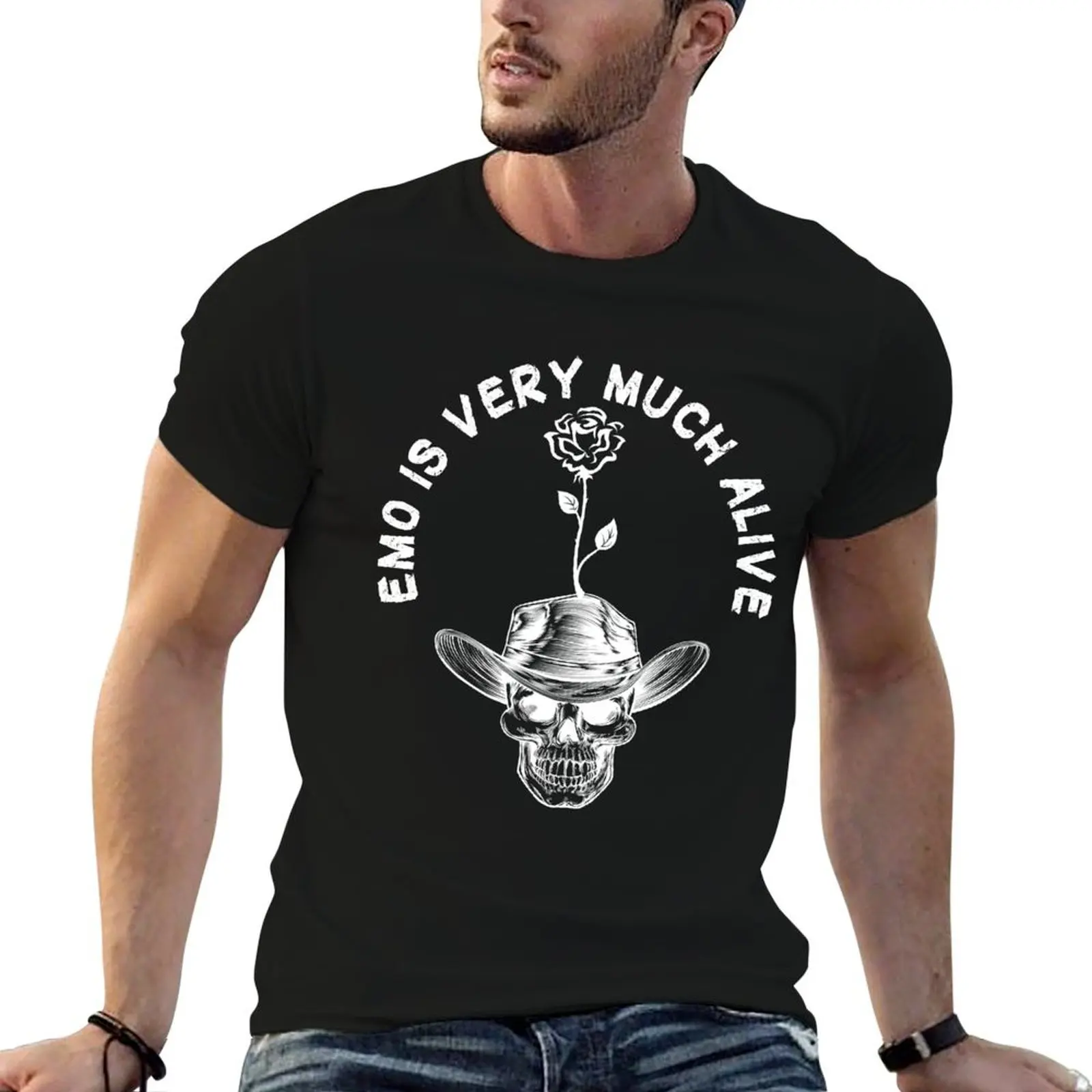 T-shirt Emo Is Very Much Alive avec motif de crâne de cowboy, T-shirt de sport d'été à séchage rapide