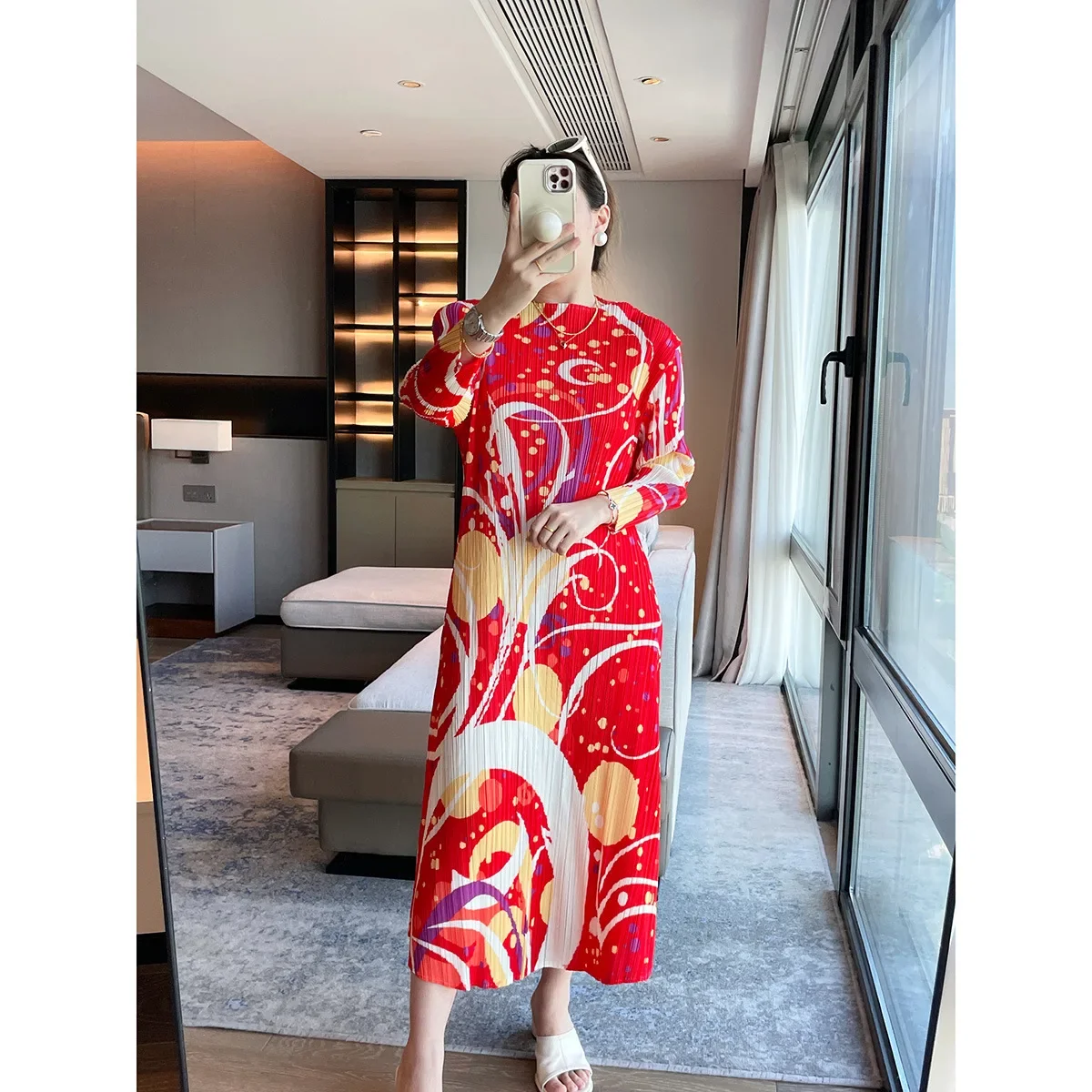 Pleats Pleated Dress 2024 Autumn New Design Sense Printing Pleated Dress Slim Temperament Skinny Age Reduction Long Skirt