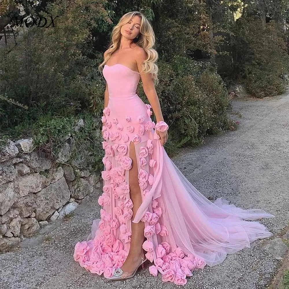 

MODX Hot Pink Strapless Evening Dress Custom 3D Flower Appliques Tulle Gown With High Slit Train Luxury Red Carpet Party Outfit