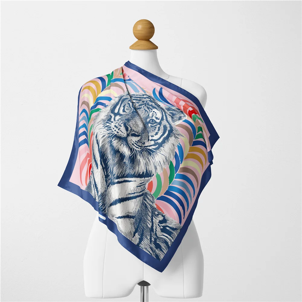 Twill-Seidenschal für Damen, indischer Tiger-Druck, quadratische Schals, Wickel, Bandana, kleine Hijabs, Seidenfoulards, Krawatte, Stirnband, Halstuch, 53 cm – Detail 6