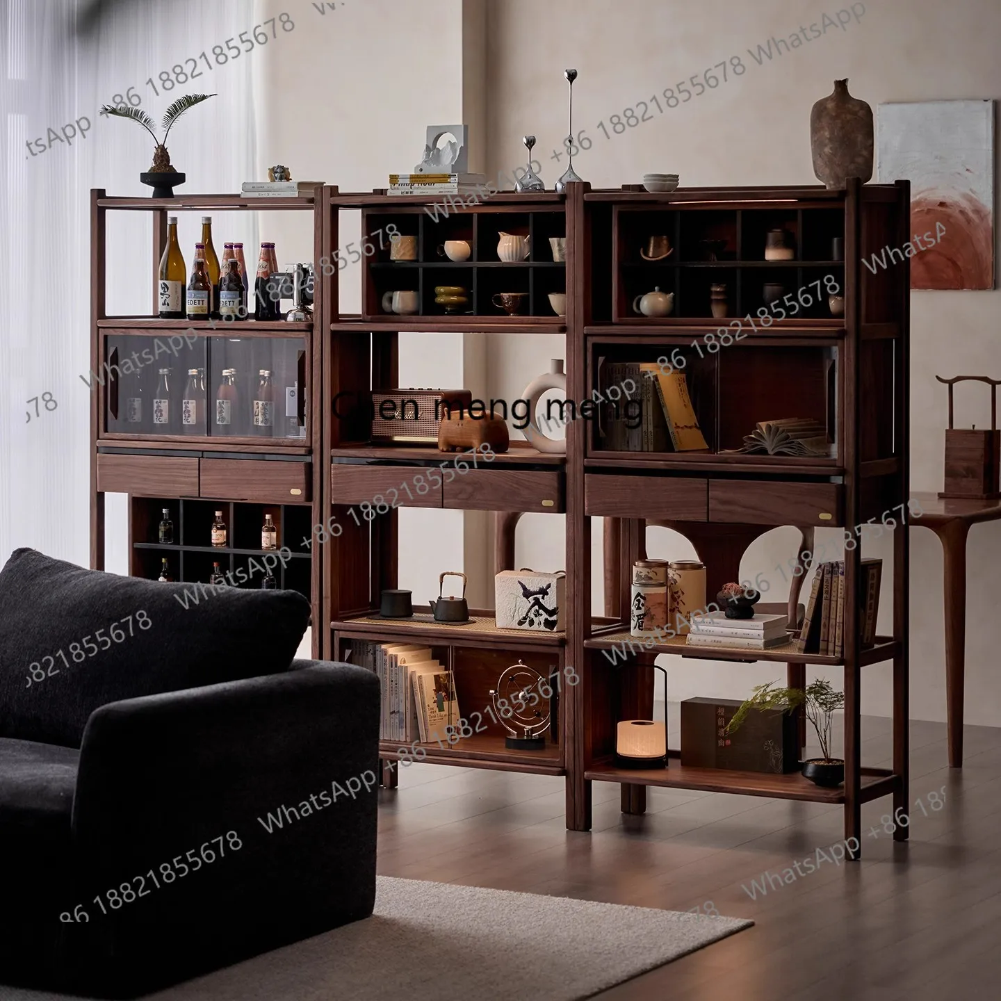 Walnut Solid Wood Combination Bogu Rack Multifunctional Tea Room Display Cabinet Tea Set Storage Rack Living Room Bookshelf