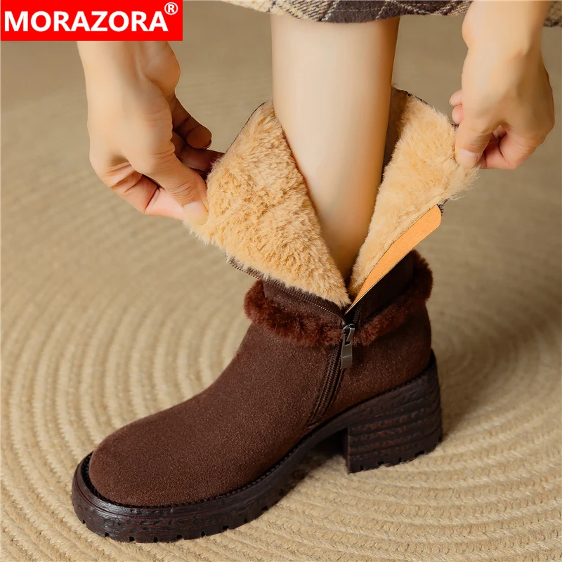 

MORAZORA Fashion New Genuine Leather Boots Thick Fur Warm Winter Snow Boots Retro Platform Ankle Boots Retro Shoes