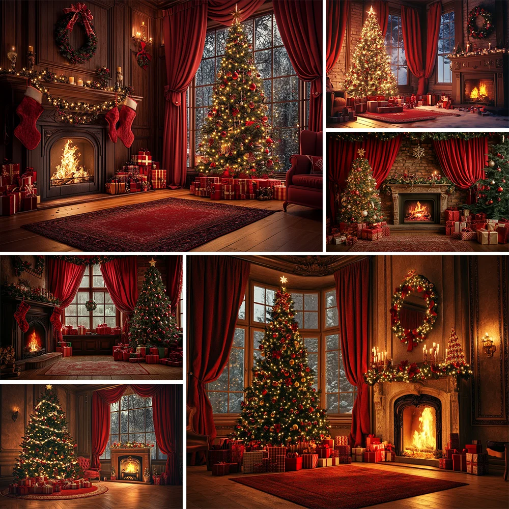 

Christmas Tree and Fireplace Scene Background, Suitable for Holiday Photos and Decorations, Universal Polyester Banners