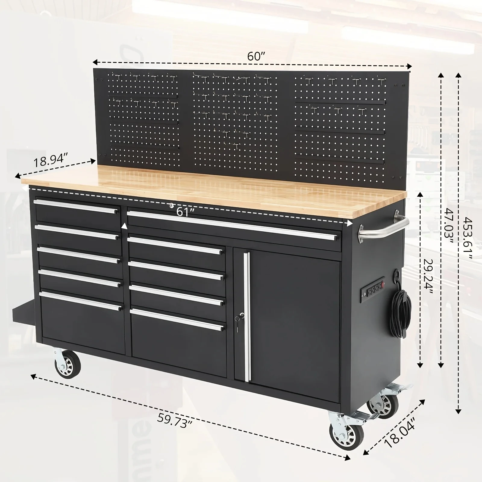 61" Heavy Duty Rolling Workbench with Solid Rubber Wood Top, Mobile Cabinet Workstation, 2000 LBS Load Capacity
