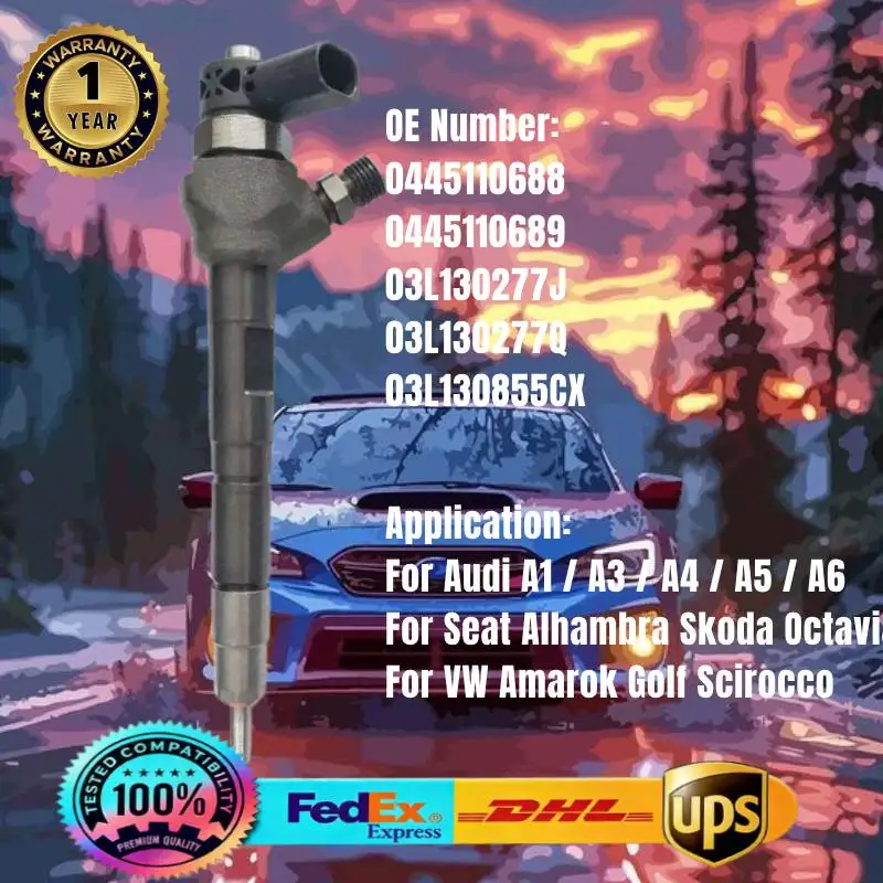 

0445110688 0445110689 03L130277J 03L130277Q Common Rail Fuel Injector for Audi A5 A6 VW Amarok Caddy Skoda Octavia 2.0D Engine