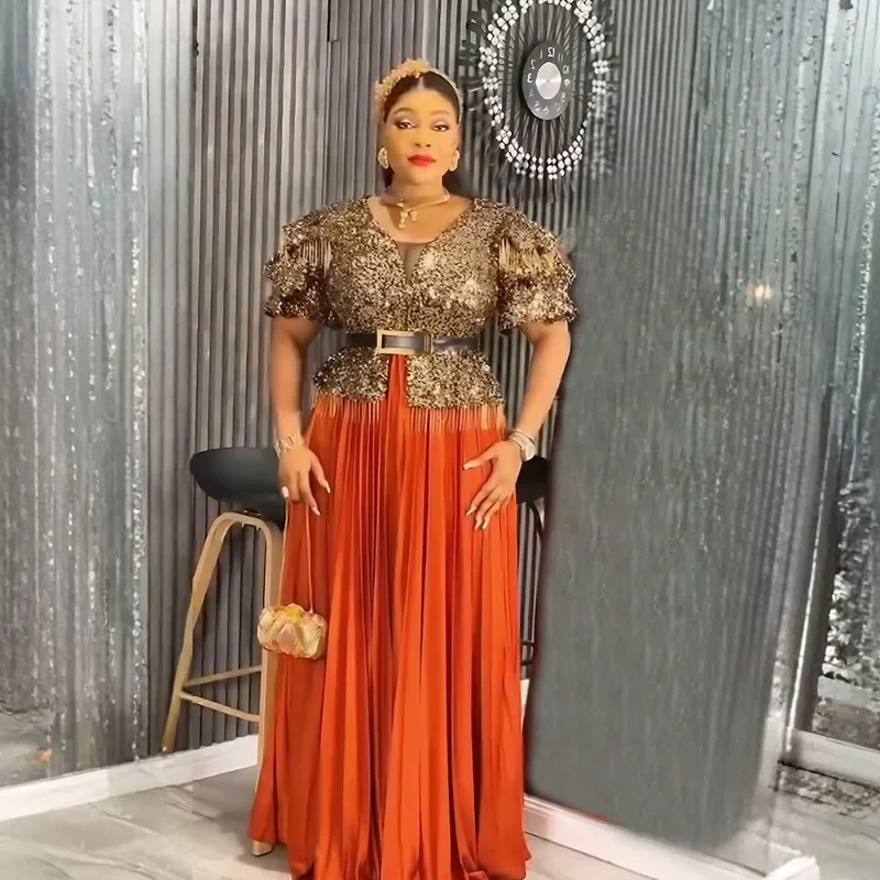 

GUWH Plus Size African Women's Sequined Long Maxi Dress Short Sleeve V Neck Elegant Hem Pleated Big Swing Party Dress Dubai