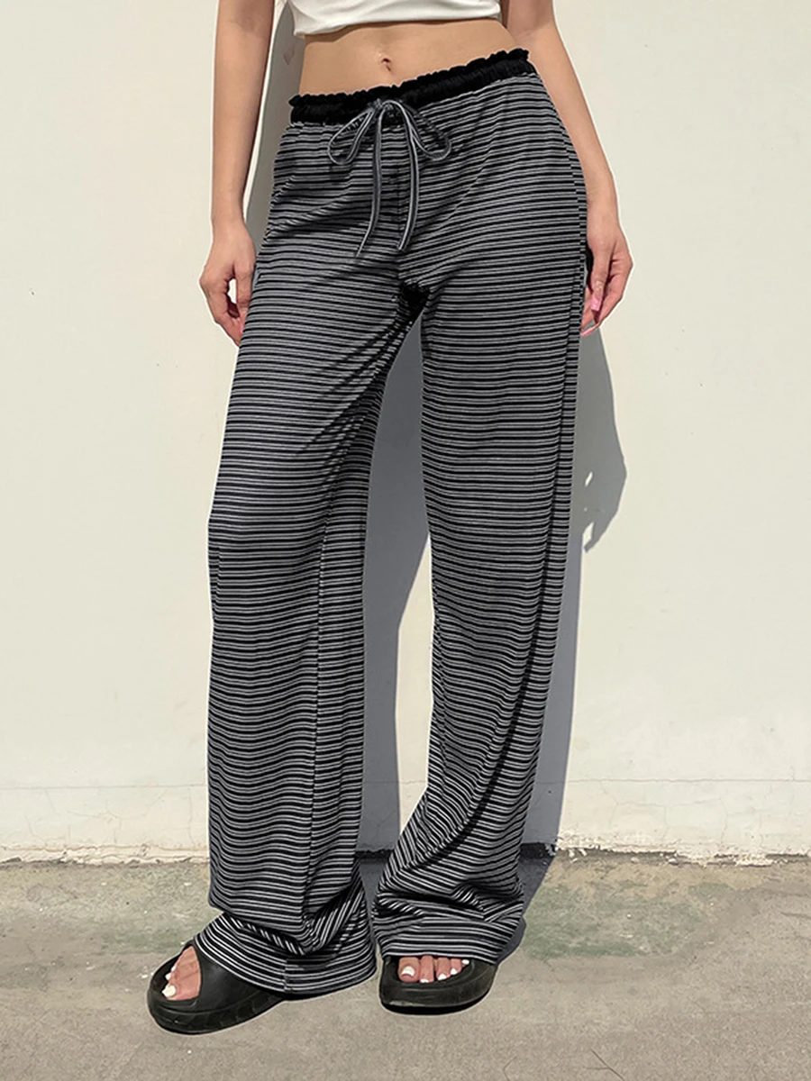 Женские вязаные брюки в полоску с эластичным шнурком на талии, свободные прямые брюки, уличная одежда