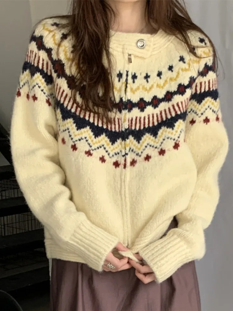 Suéter Abrigo de Punto ueso con Diseño Fair Isle de JL, Bloques de Color, Bordado, Manga Larga, para Otoño, Invierno y Pr...