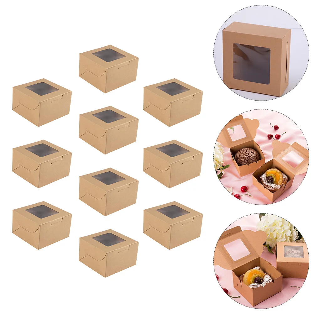 

10 Pcs Kraft Paper Dessert Boxes Window Yolk Cake Packaging Bakery Boxes Food Safe Easy to Fold Single Use Containers