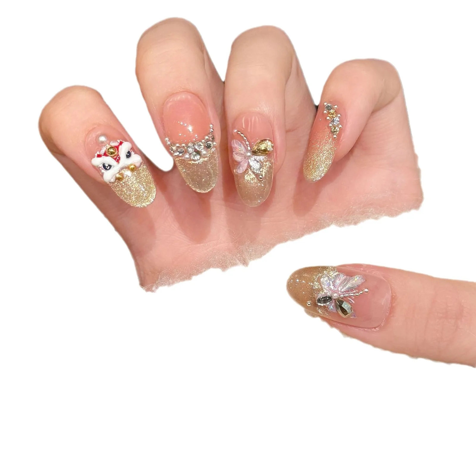 10 pçs leão dourado ano novo venda quente borboleta da sorte ouro-strass gato-olho unhas com ferramentas de 4 peças fortes abas adesivas de unhas