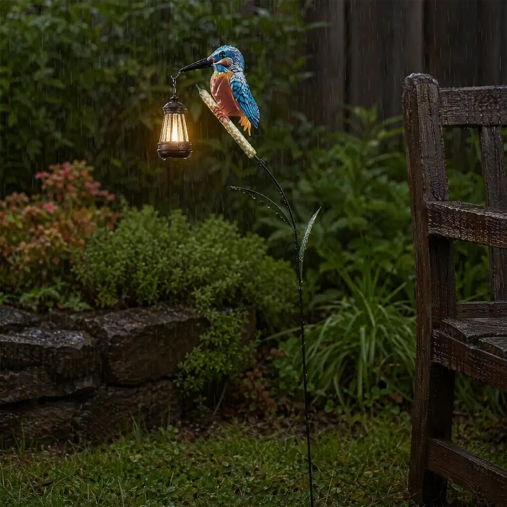 Waterproof Solar Path Lights Solar Kingfisher Garden Stake Light with Hanging Lantern Metal Bird Yard Art Auto-on Led Fairy