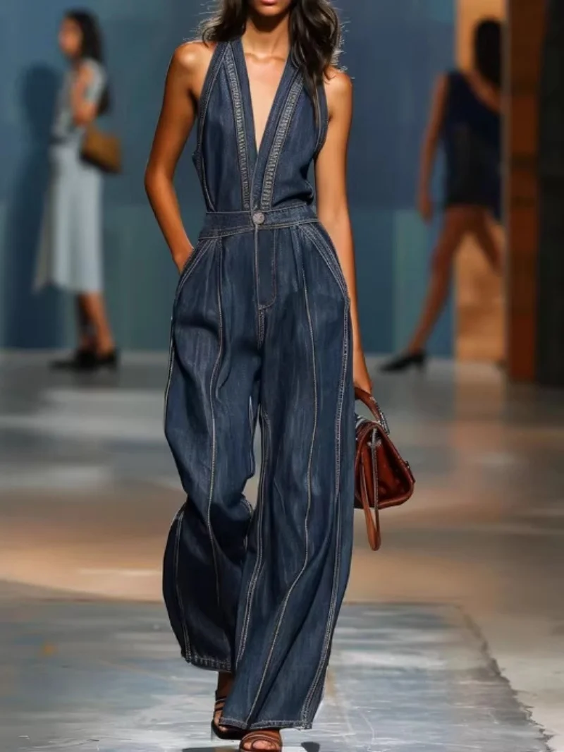 

Fashion Denim Jumpsuits Summer Clothing Women 2026 Sleeveless V-Neck Wide Leg Jeans Rompers Playsuits One Pieces Overalls Outfit
