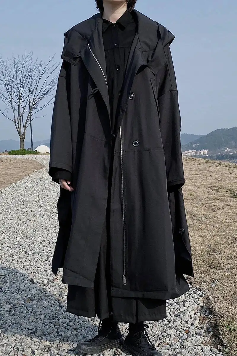 أومي ماو ياماموتو معطف الإناث الداكن ربيع الخريف المتخصصة الوزن الثقيل تصميم فضفاض مقنعين سترة طويلة سترة واقية سترة فام #6