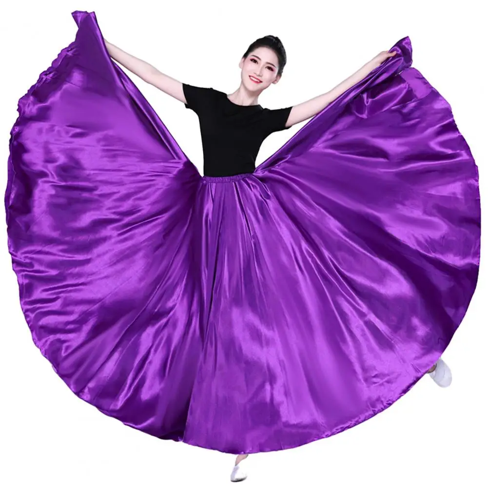 Dancing Skirt Women Tulle Skirt Elegant Satin Performance Skirt with High Elastic Waist Pleated Super Big Hem for Spanish Dance