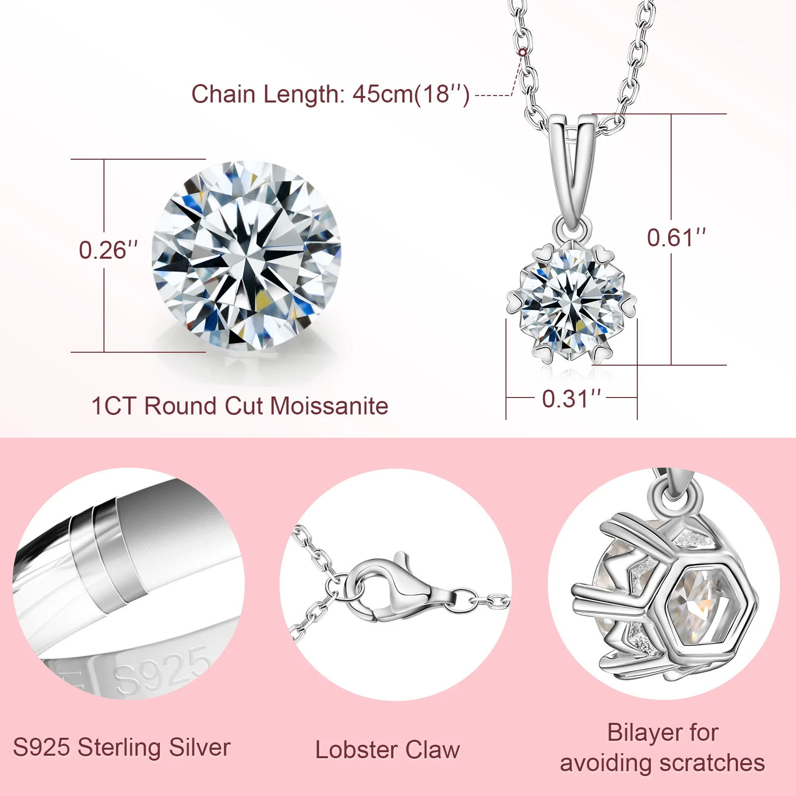 

Holycome Pendant 925 Silver 6.5mm 38cm-42cm ROUND DEF Moissanite VVS1 Engagement Pendant Necklace for Women Anniversary Gift