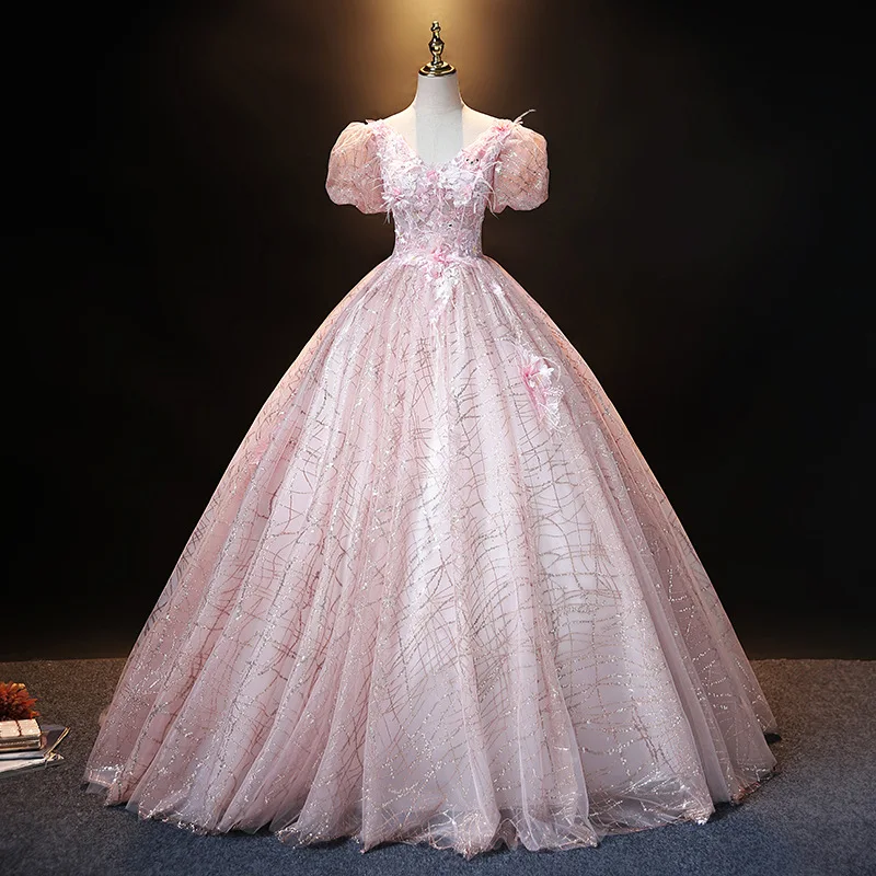 

Pink Tulle Banquet Evening Dress Women V-Neck Puff Sleeves Appliques Feather Prom Dresses Exquisite Gorgeous Graduation Gown