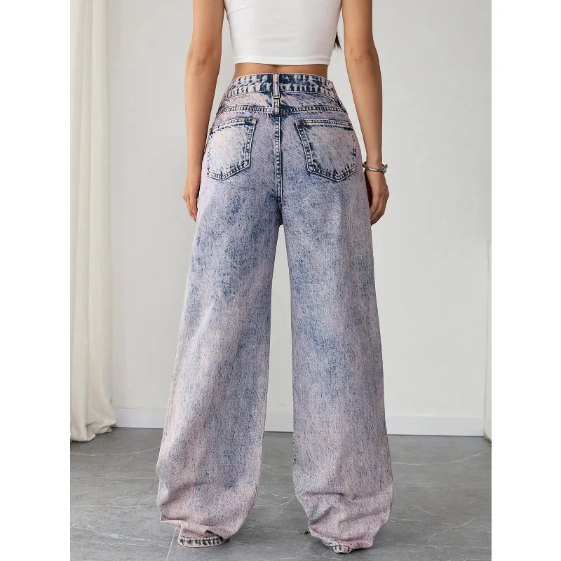 

Джинсы с высокой талией в винтажном стиле с эффектом кислотной стирки для женщин, свободный крой, широкие штанины, уличный стиль, ретро, одежда Y2K